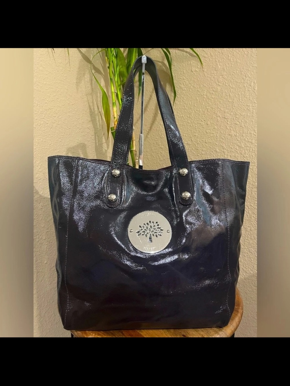 Mulberry Plum Patent Leather Tote with Round Logo Plaque